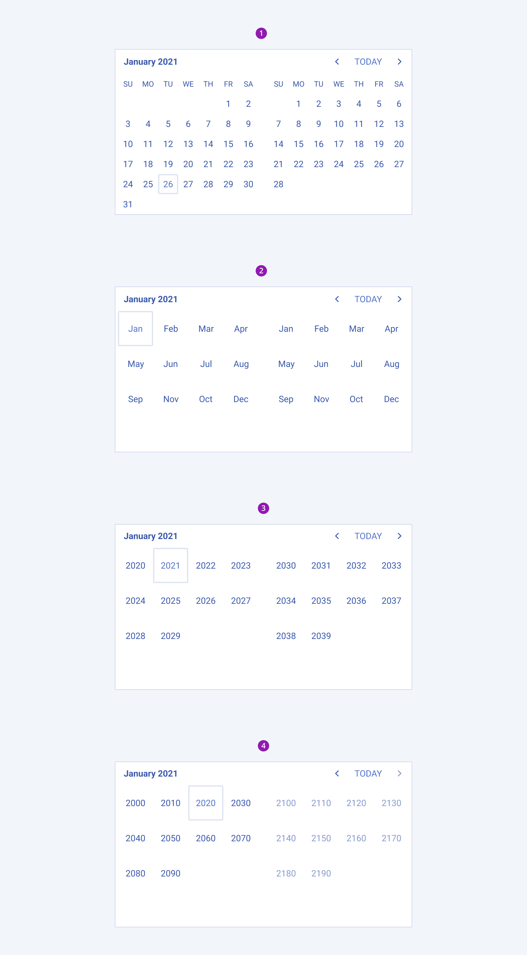 Views of a Telerik and Kendo UI MultiViewCalendar component A Telerik and Kendo UI MultiViewCalendar component views