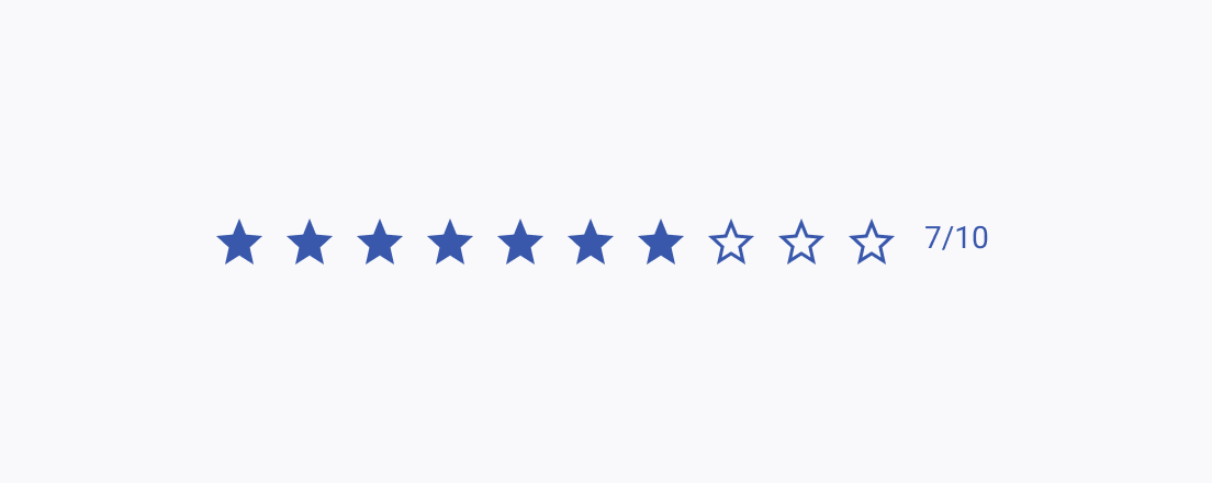 Don't use Telerik and Kendo UI Rating components with too many rating items as this may overwhelm users. A Telerik and Kendo UI Rating component with 10 rating items