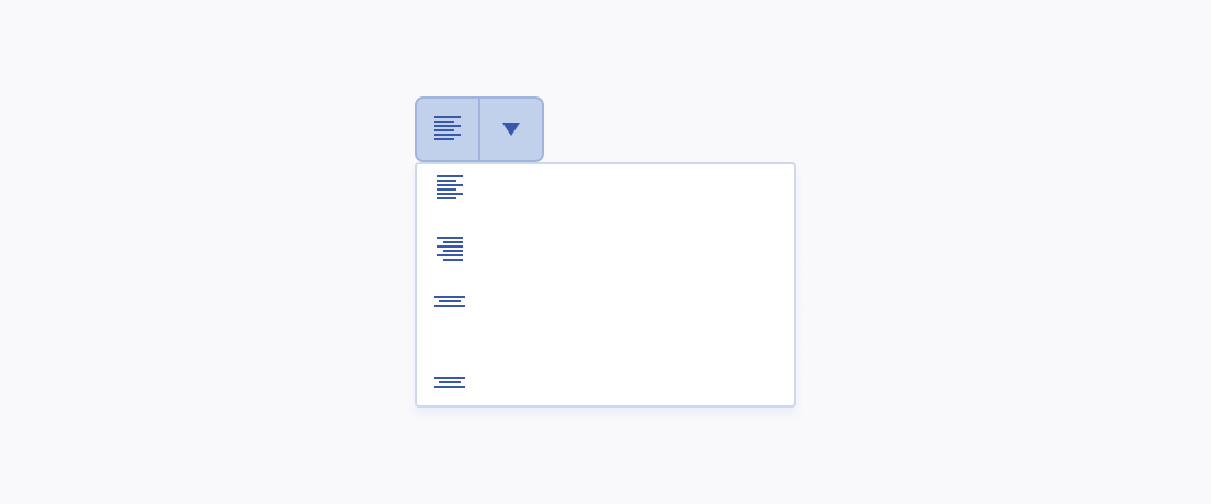 Do not use icon-only list items within the drop-down menu of the Telerik and Kendo UI SplitButton. A Telerik and Kendo UI SplitButton with an icon-only label and list items within its drop-down menu.