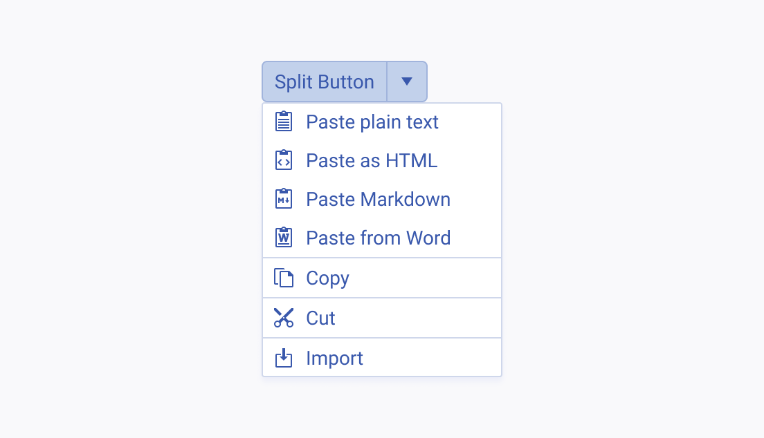Use separators to distinguish between single list items and list items with subitems in the drop-down menu of the Telerik and Kendo UI SplitButton. A Telerik and Kendo UI SplitButton with an open drop-down menu displaying a group of four paste options, and a copy, cut, and import options separated from each other by a separator.