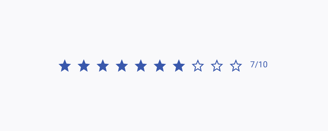 Don't use Telerik and Kendo UI Rating components with too many rating items as this may overwhelm users. A Telerik and Kendo UI Rating component with 10 rating items