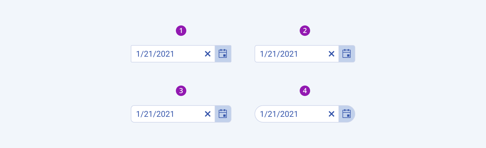 Available border radiuses in the Telerik and Kendo UI DatePicker component including small, default medium, large, and full. Four Telerik and Kendo UI DatePicker components demonstrating the small, default medium, large, and border radiuses, respectively.
