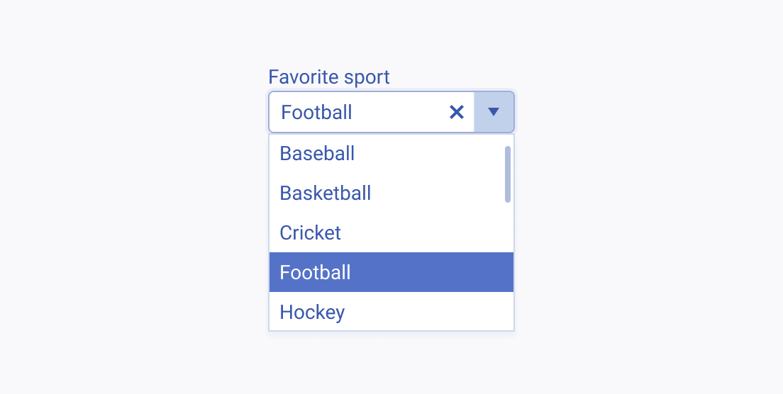 Use the Telerik and Kendo UI ComboBox with complex lists of options. A Telerik and Kendo UI ComboBox showing a long list of favorite sport options for user selection.