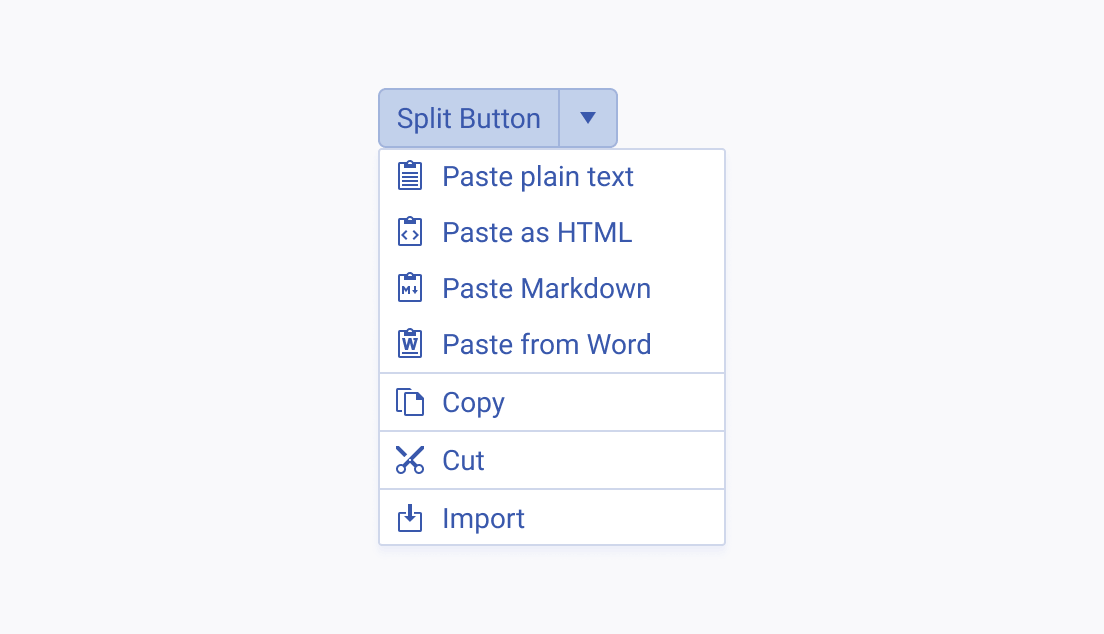 Use separators to distinguish between single list items and list items with subitems in the drop-down menu of the Telerik and Kendo UI SplitButton. A Telerik and Kendo UI SplitButton with an open drop-down menu displaying a group of four paste options, and a copy, cut, and import options separated from each other by a separator.