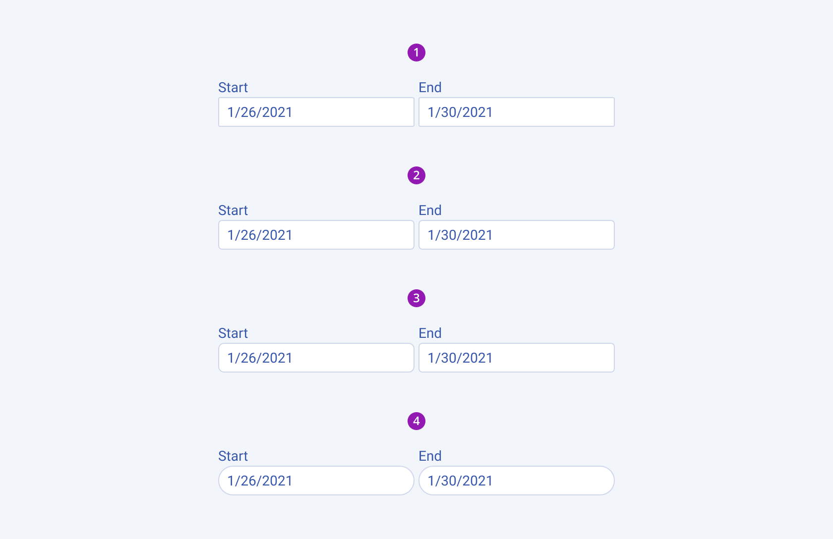 Available border radiuses in the Telerik and Kendo UI DateRangePicker component including small, default medium, large, and full. Four Telerik and Kendo UI DateRangePicker components demonstrating the small, default medium, large, and full border radius, respectively.